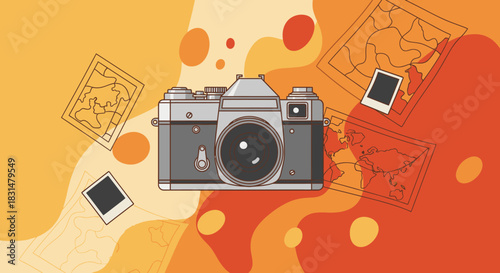 A classic vintage camera is central among travel maps and instant photo frames, beautifully symbolizing the spirit of adventure, exploration, and cherished memory capture.