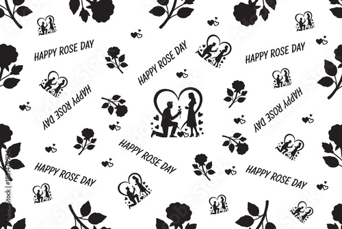 Happy Rose Day seamless pattern with roses and romantic couple silhouettes