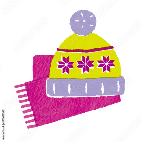 ニット帽とマフラーを描いたカラフルな冬小物イラスト (マゼンタ・紫・黄緑)