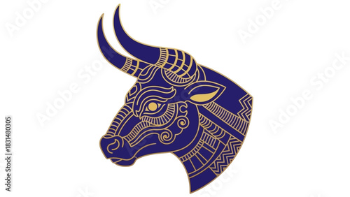 Stylized blue bull head with intricate golden ornamental line art details.