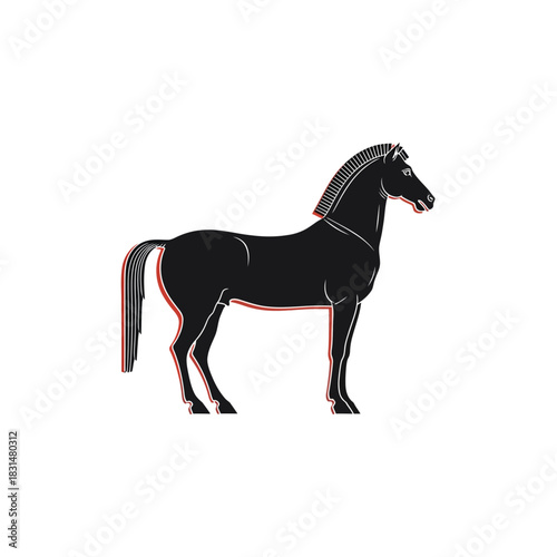 A detailed illustration of a black horse, showcasing its profile against a plain white background, highlighting its form.
