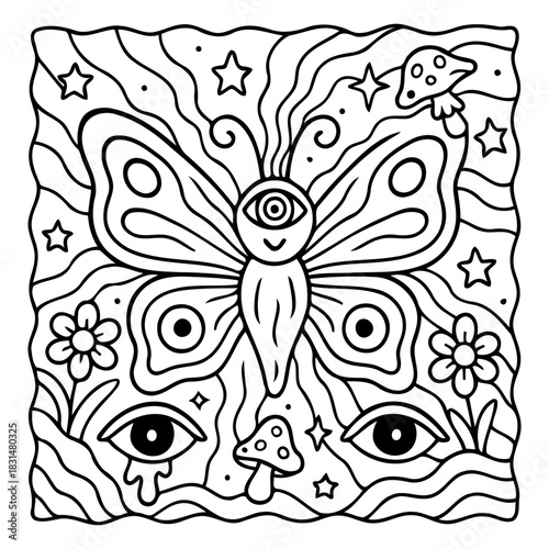 Visionary Butterfly: This whimsical illustration features a stylized butterfly with an eye, framed by stars, mushrooms and flowers and conveying a sense of enchantment and creative expression.