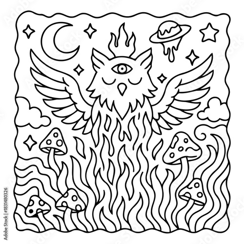 Mystical Owl Illustration: A surreal black and white illustration depicts a mystic owl, adorned with symbolic elements, including celestial bodies and surreal flora.