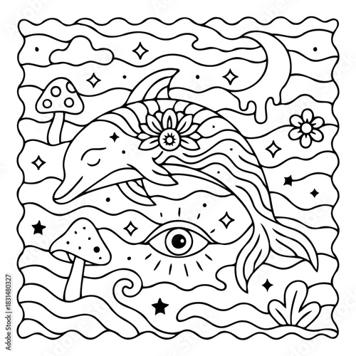 Mystical Dolphin Dream: A whimsical illustration of a dreaming dolphin swimming through a sea of stars and enchanting symbols, a surreal depiction of aquatic and cosmos beauty. 