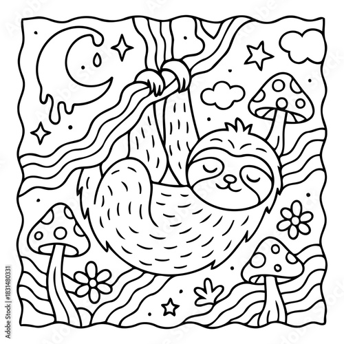 Sloth in Dreamland: A whimsical illustration depicts a serene sloth hanging upside down on a tree branch, surrounded by whimsical elements such as mushrooms and a crescent moon.