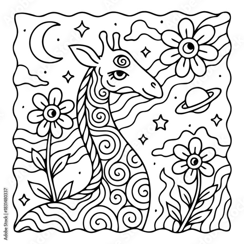 Whimsical Giraffe Illustration: A delightful illustration of a giraffe with swirling patterns, surrounded by blooming flowers, celestial bodies, creating a playful and imaginative scene.