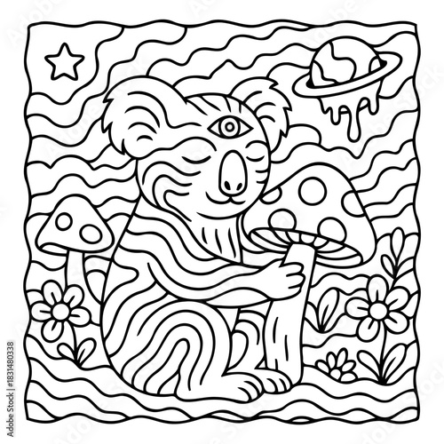 Cosmic Koala Illustration: A whimsical illustration showcases a koala, embracing a mushroom, with psychedelic elements, transporting the viewer to a dreamlike state.