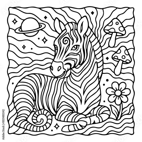 Zebra in a Whimsical World: A charming zebra, with its iconic stripes, finds itself in an enchanting realm filled with fantasy elements and delightful details.