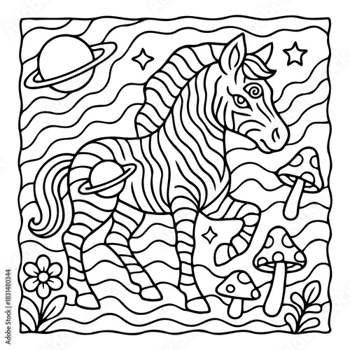 Zebra Illustration in Psychedelic Garden: An imaginative illustration of a zebra in a vibrant, surreal garden, accompanied by whimsical elements of cosmos and nature.