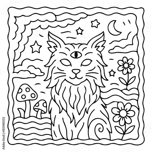 Mystical Cat Illustration: A whimsical illustration of a cat with a third eye, surrounded by fantastical elements, embodying a unique blend of dreamlike fantasy.