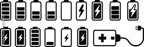 Battery status icon set, stylized symbols for charge levels, power indicators, and electronic device interface design themes