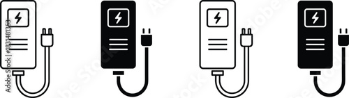 EV charging station icon set, stylized electric vehicle symbols for mobility, sustainability, infrastructure, and clean energy design themes