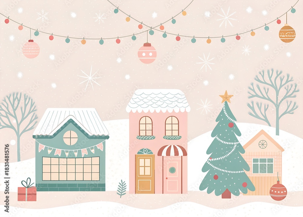 Fototapeta premium Winter Village Festive Illustration, Christmas Holiday Scene