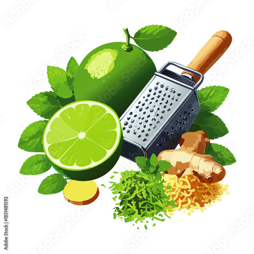 Lime Zest and Ginger Illustration – Fresh Citrus Herbs, Lemon Peel, Mint Leaves and Grater Vector