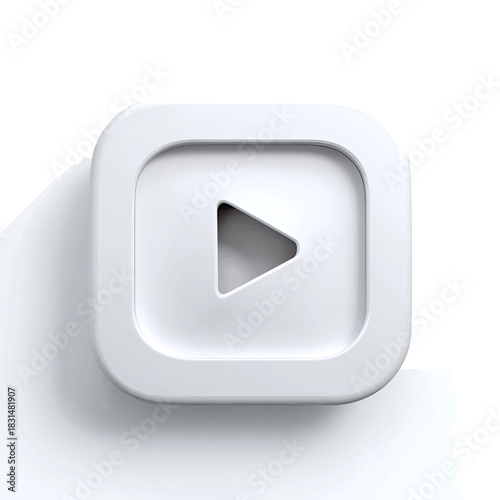 A sleek white 3D play button icon, square with rounded corners, on a white background