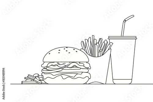 Outline drawing of a classic fast food combo burger, french fries, and a soda drink