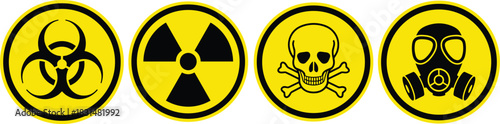Hazard symbol icon set, stylized safety warnings for biohazard, radiation, toxicity, and airborne threat design themes