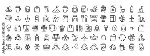 Set of 60 green energy and eco friendly line icons on white background clean vector design