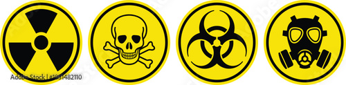 Hazard symbol icon set, stylized yellow-black safety signs for toxic, biohazard, radiation, and airborne risk themes