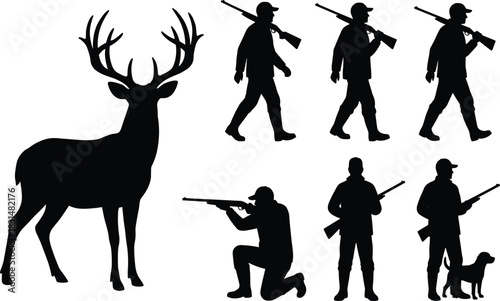 Hunting silhouette icon set, black figures of deer, hunters, and dog for outdoor sport, wildlife, and nature design themes