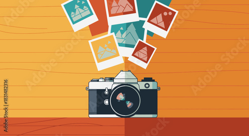 A classic analog camera captures and produces beautiful landscape photographs, symbolizing cherished memories and the art of visual storytelling.