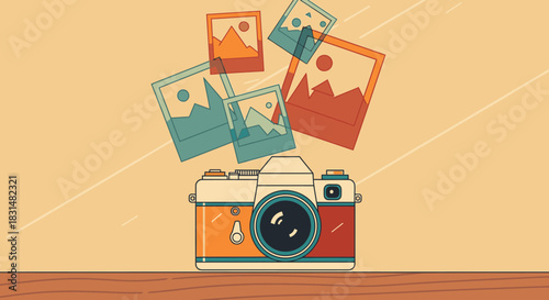 A retro-styled camera captures and produces a vibrant array of illustrated landscape photographs, symbolizing creative memory and visual storytelling.