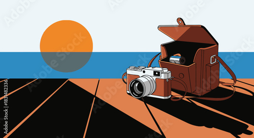 A classic rangefinder camera and its open leather case rest on a wooden surface, overlooking a vibrant sunset above the tranquil ocean horizon, evoking nostalgic travel memories.