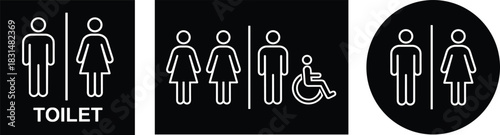 Inclusive restroom signage icon set, stylized black symbols for public facilities, accessibility, and gender-neutral infrastructure themes