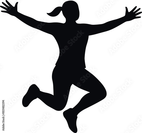 High-intensity burpee Black silhouette of a woman with arms outstretched jumping joyfully vector
