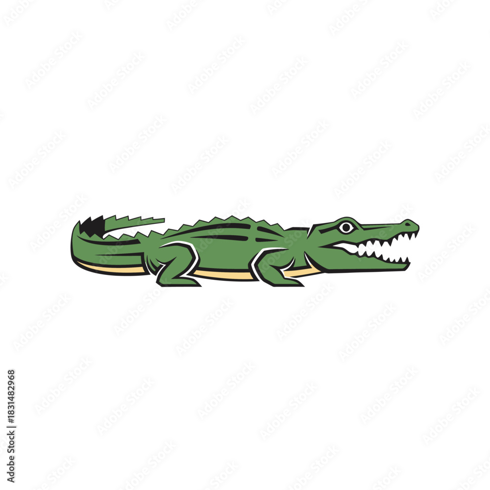 Fototapeta premium A cartoon illustration of a green alligator with its mouth open, showing its teeth, against a white background.