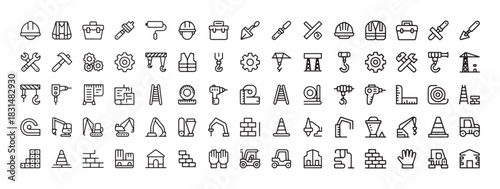 Set of 56 line icons for construction work and building materials with various tools