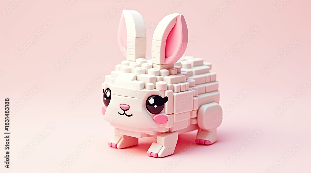 Fototapeta premium Cute Pink Chibi Bunny Figurine Built from Lego-Style Bricks