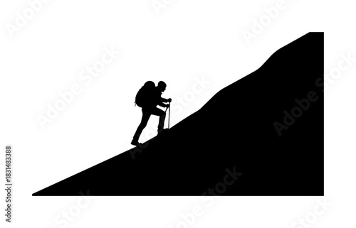 Determined hiker ascending mountain peak challenges and perseverance