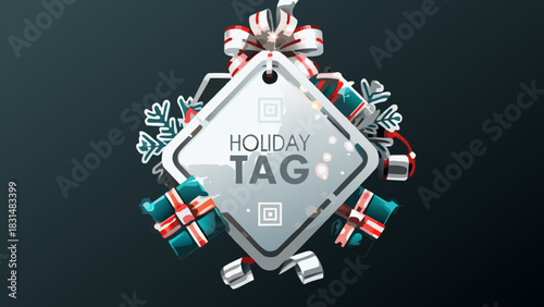 A holiday tag with gifts and snowflakes on a dark background with a bow and ribbon decorations around it