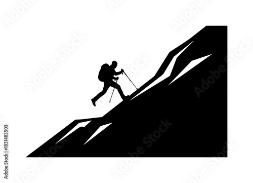 Silhouette of determined hiker ascending steep mountain peak challenge