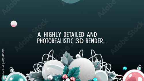 Festive christmas ornament arrangement with holly leaves and berries on a dark teal background, holiday theme