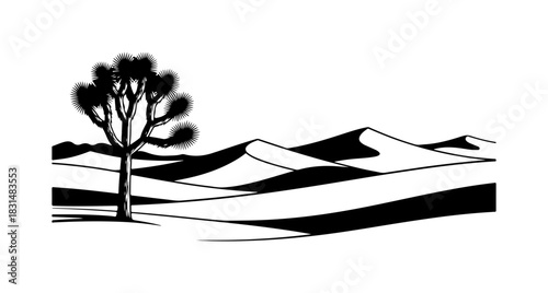 Serene desert landscape illustration with Joshua tree silhouette art
