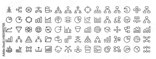 Diagrams charts and infographics line icons. Organizational hierarchy mind map and data analysis symbols