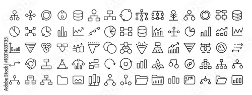 Diagrams charts and infographics line icons. Organizational hierarchy mind map and data analysis symbols
