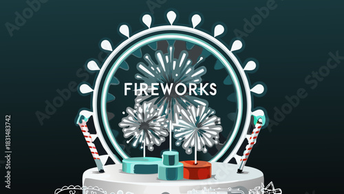 Illustration of fireworks display inside a decorative circular frame with podium and candy cane sticks