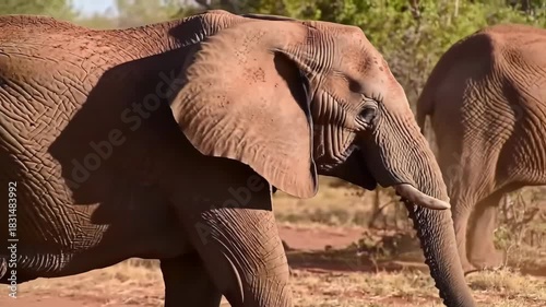 Close up of african elephants in natural habitat under bright sunlight