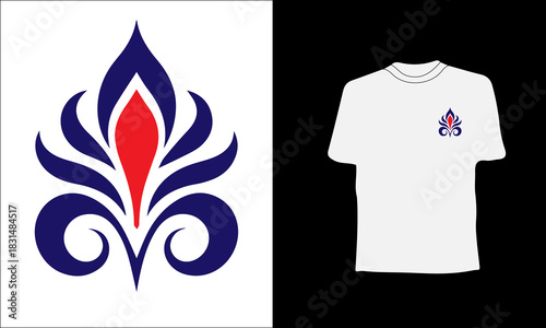 Symmetrical Heraldic Bloom T-Shirt: A minimalist, regal graphic featuring a stylised blue and red floral motif reminiscent of a classic heraldic crest or fleur-de-lis, designed for an elegant, timeles