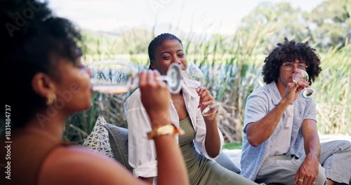 Friends, talk outdoor or drinking wine with smile for social gathering, connection and bonding together. People, laughing and sip alcohol in nature for funny conversation, gossip and summer vacation.