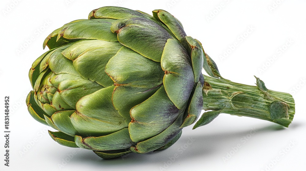 Fototapeta premium A close up shot of a fresh green artichoke with a stem on a clean white background surface