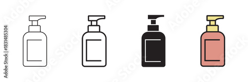 Set of lotion dispenser icons with transparent background, depicting pump bottles for hygiene, beauty, skincare, and personal care products, vector illustration
