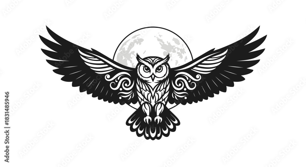 Obraz premium Elegant owl soars beneath the moon's glow, perfect for mystical designs and branding, conveying wisdom, freedom, and nocturnal beauty in black and white