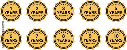 Warranty labels from 1 to 10 years isolated on, golden color, with stars and a circular design, ensuring product quality and reliability