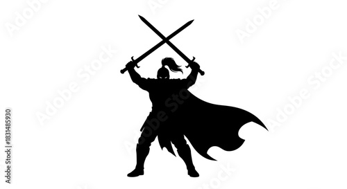 Powerful warrior silhouette raising swords in victory, a symbol of strength, courage, and triumph for gaming, fantasy, or historical themes