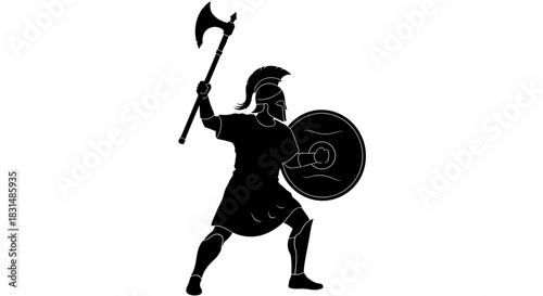 Powerful spartan warrior silhouette holding axe and shield ready for battle, evoking strength, courage, and ancient history for branding and design