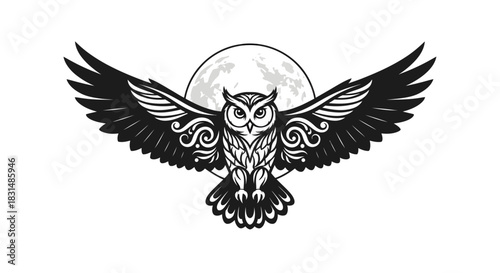 Elegant owl soars beneath the moon's glow, perfect for mystical designs and branding, conveying wisdom, freedom, and nocturnal beauty in black and white